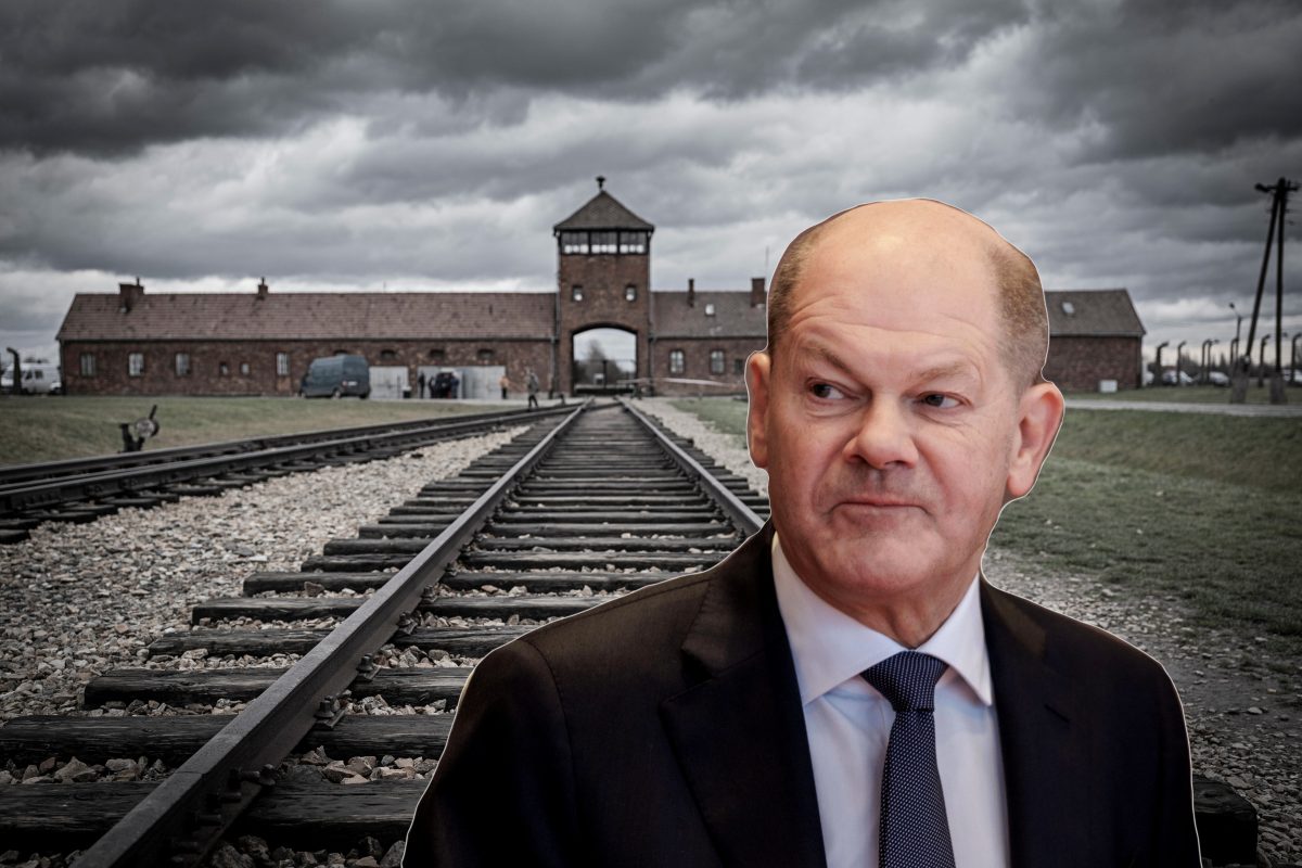 Bundeskanzler Olaf Scholz, im Hintergrund das Konzentrationslager Auschwitz (Montage)